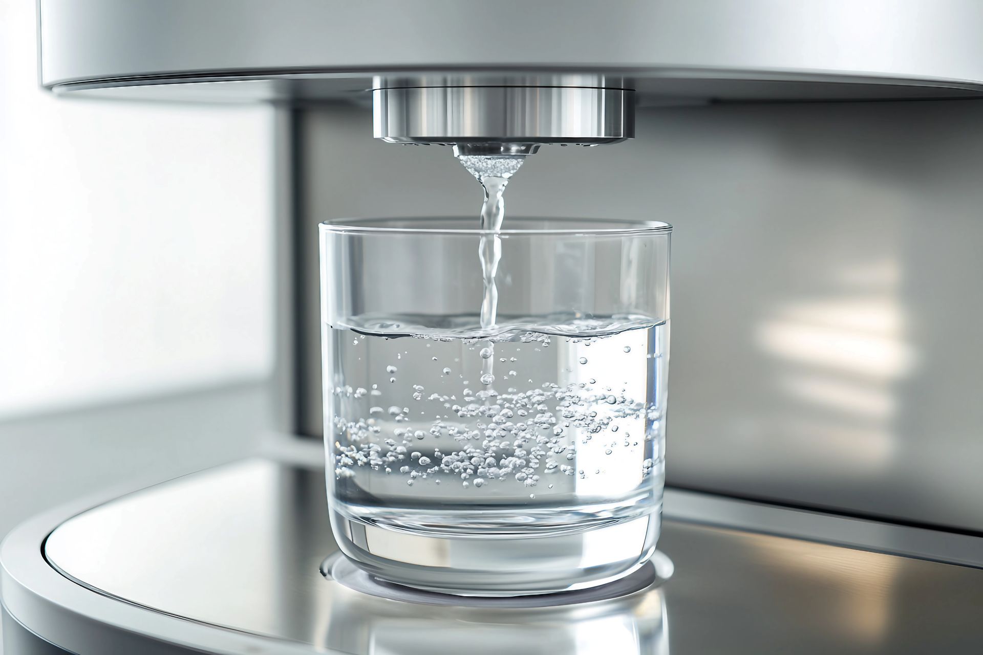 Glas wird mit klarem Wasser aus Osmose Wasserfilter in moderner Kueche gefuellt