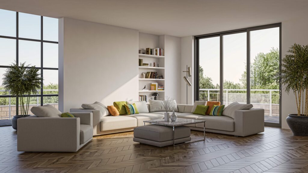 Illustration 3D-Rendering großer, luxuriöser, moderner, heller Innenräume Wohnzimmer-Attrappe, computergeneriertes, digital generiertes Bild