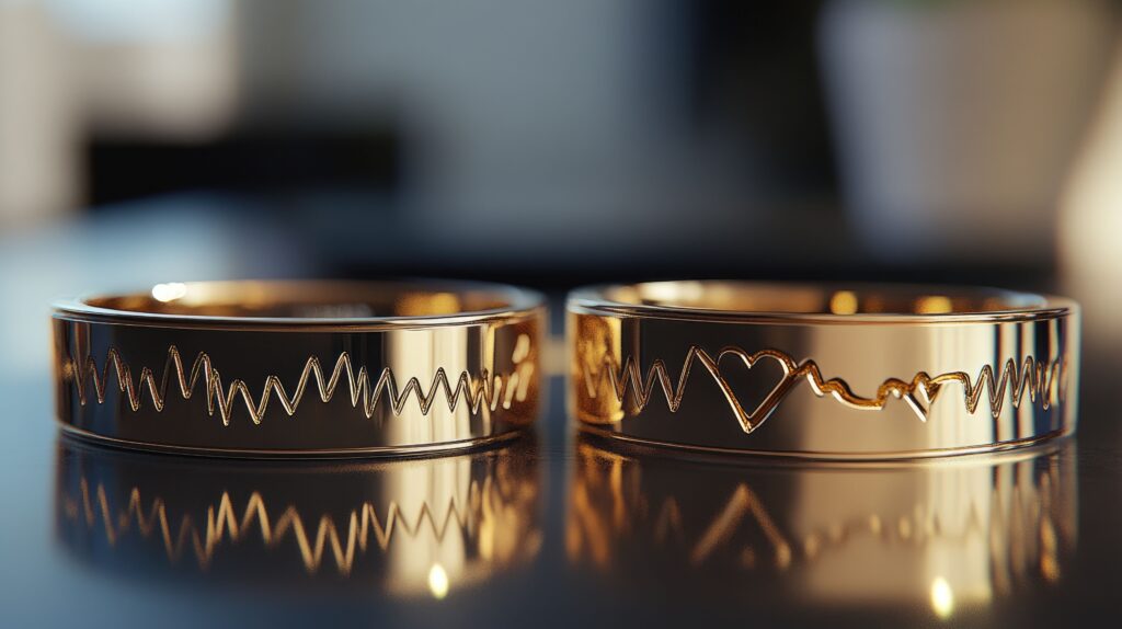 Goldene Partnerringe mit Gravur - Herzschlag-Design