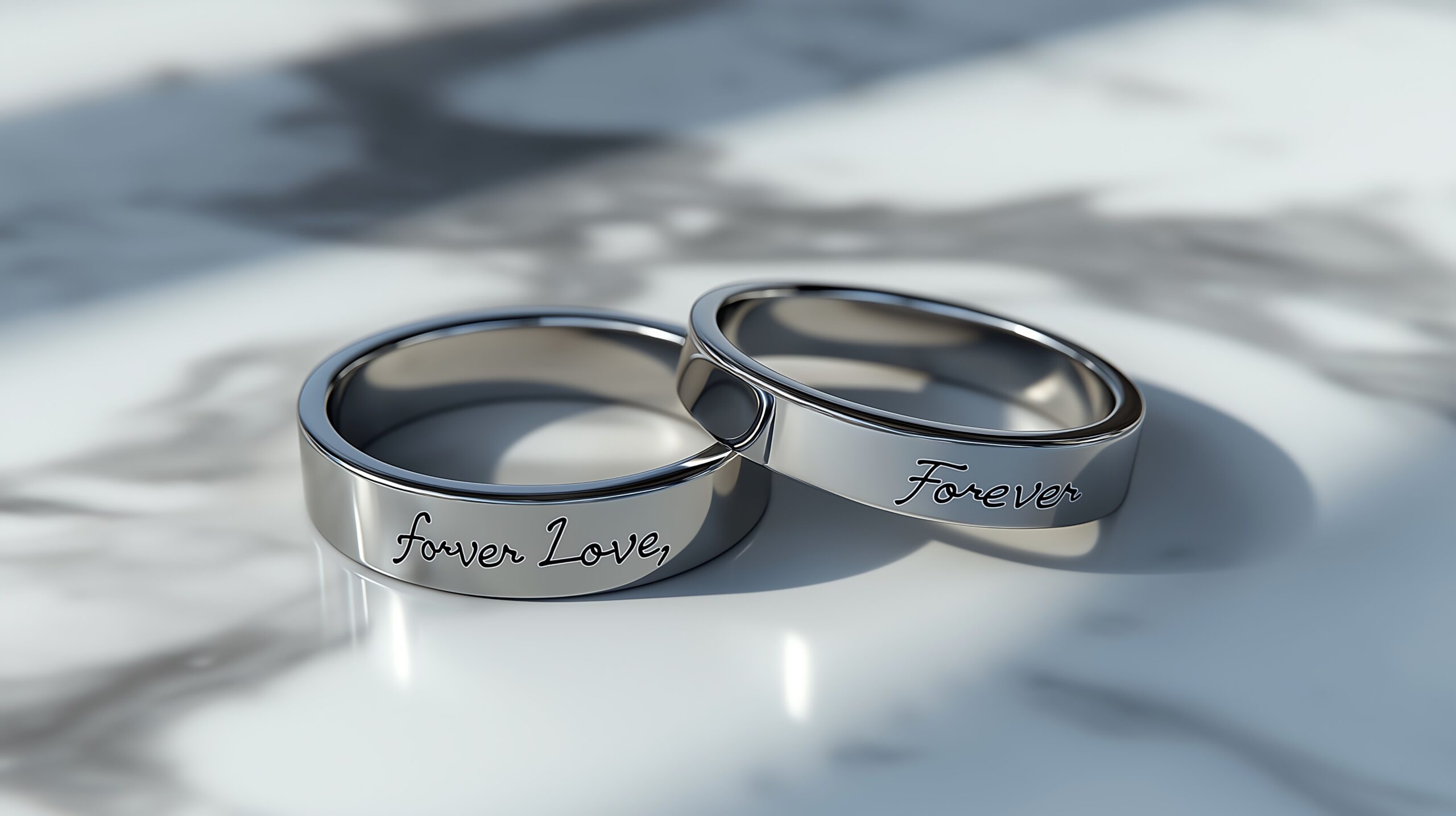 Silberne Partnerringe mit der Gravur „Forever Love“ und „Forever“