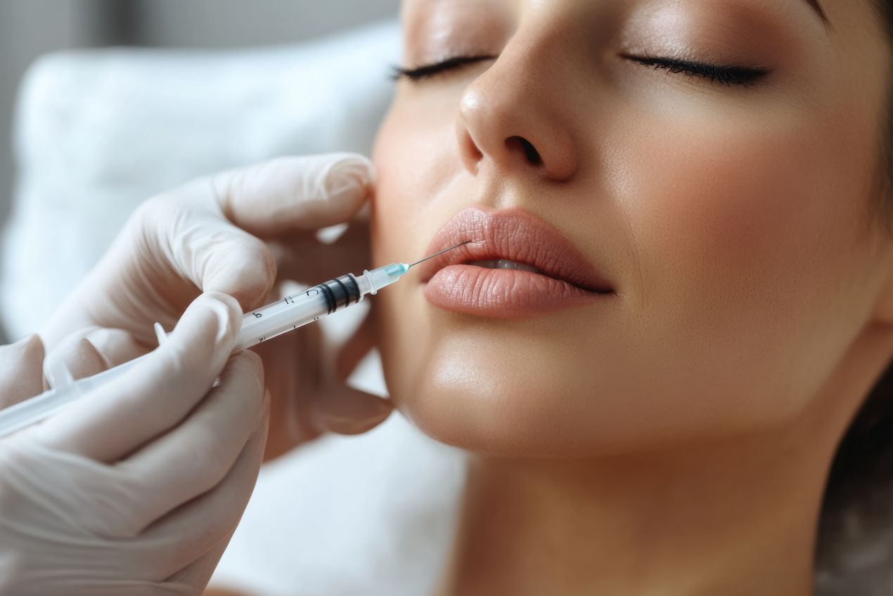 Frau bei Hyaluronbehandlung der Lippen als aelternative Methode zur Kryolipolyse Behandlung
